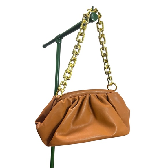Ruched Gold Chain Brown Faux Leather Bag Clutch Closure Shoulder Bag Classic Bag - Picture 8 of 8